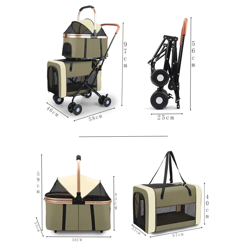 Detachable Double-decker Pet Stroller Cat and Dog Outdoor Stroller Lightweight Foldable Pet Stroller Portable Pet Basket