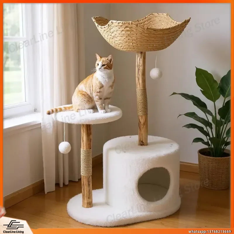Multi-Level Cat Activity Tree with Wicker Basket Bed & Scratching Post