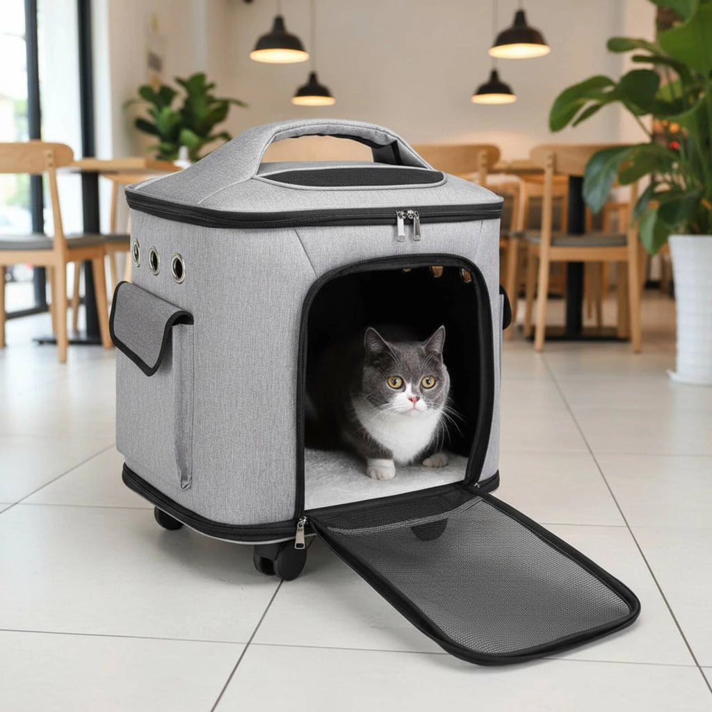 Rolling Pet Carrier Large Capacity Feline Carrier Suitcase Feline Travel Bag Multiple Carrying Options Breathable Mesh
