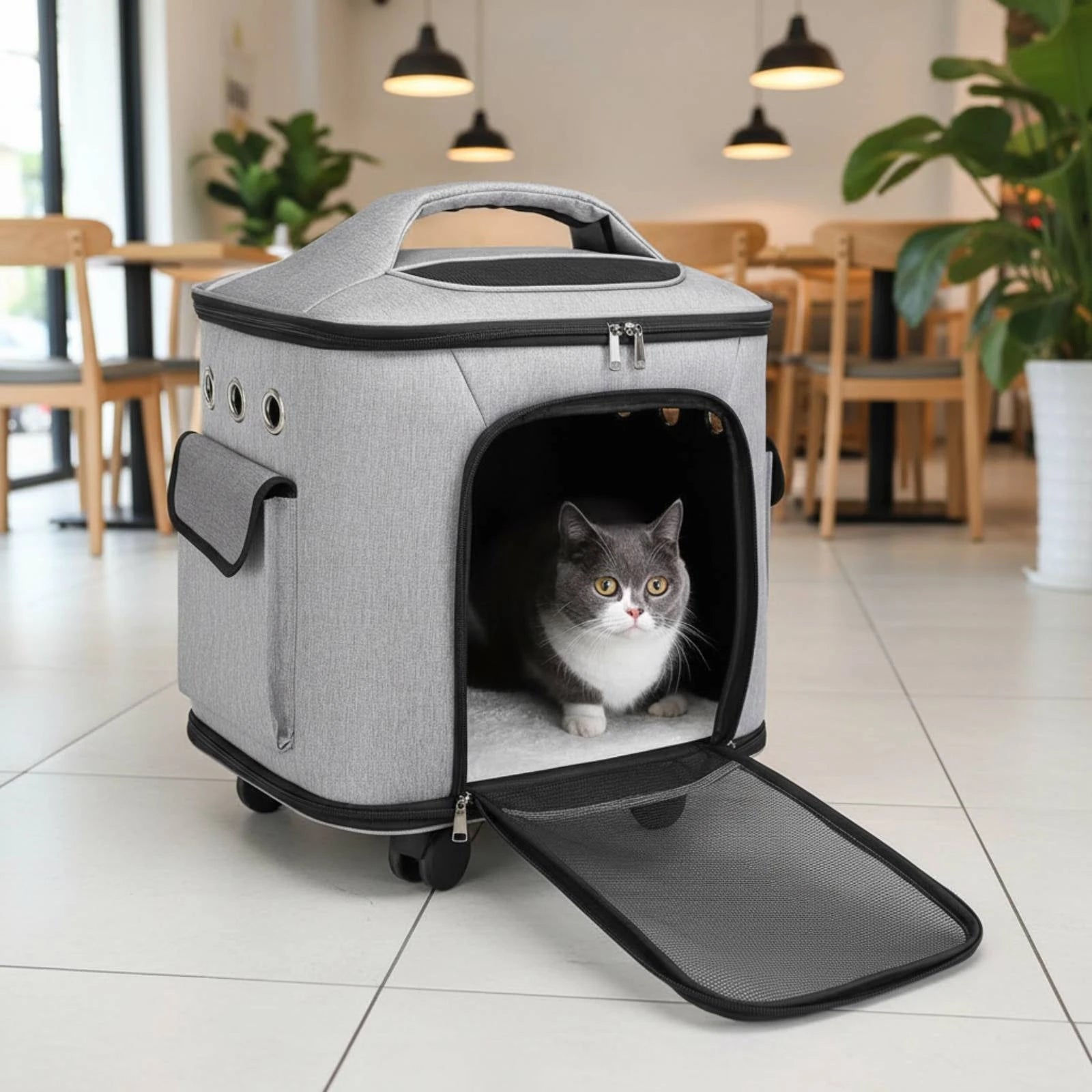 Rolling Pet Carrier Large Capacity Feline Carrier Suitcase Feline Travel Bag Multiple Carrying Options Breathable Mesh