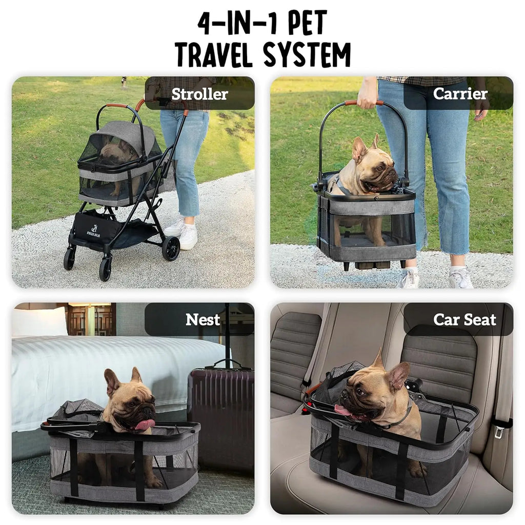 3-in-1 Pet Stroller for Small Dogs & Cats, Compact Fold, All-Terrain Wheels, Gray