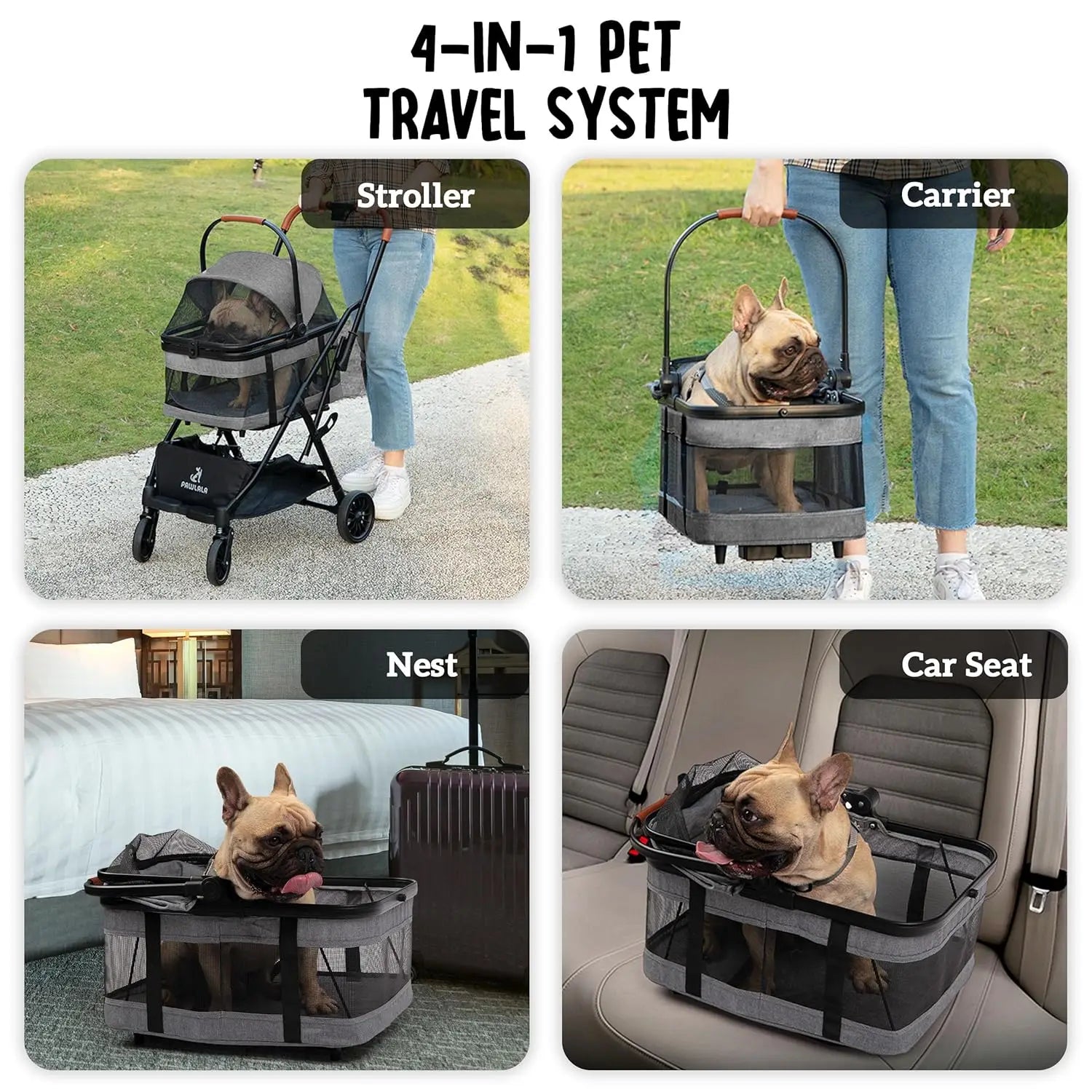 3-in-1 Pet Stroller for Small Dogs & Cats, Compact Fold, All-Terrain Wheels, Gray