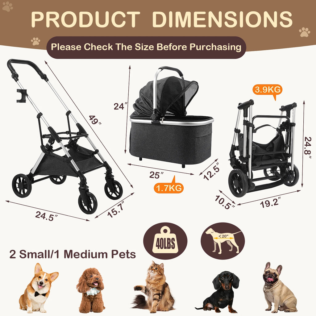 4-Wheel Pet Stroller with Detachable Carrier (Foldable, up to 50lbs)