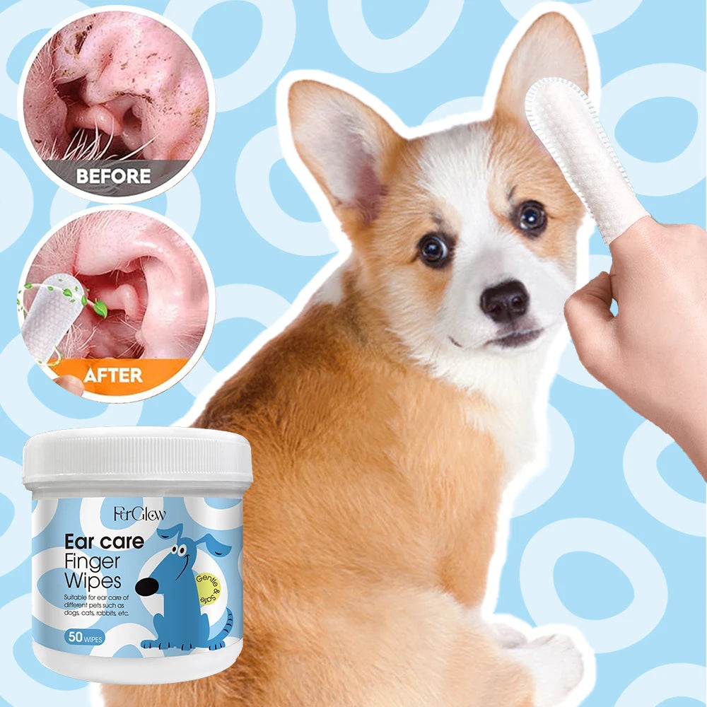 Pet Ear Cleaning Finger Wipes, 50 Pieces - Gentle Daily Cleaning Wipes, Suitable for Dog, Cat, and Rabbit Ear Care, Soft Finger Sleeve Design, Helps Keep Pet Ears Clean and Fresh, Suitable for Households with Multiple Pets