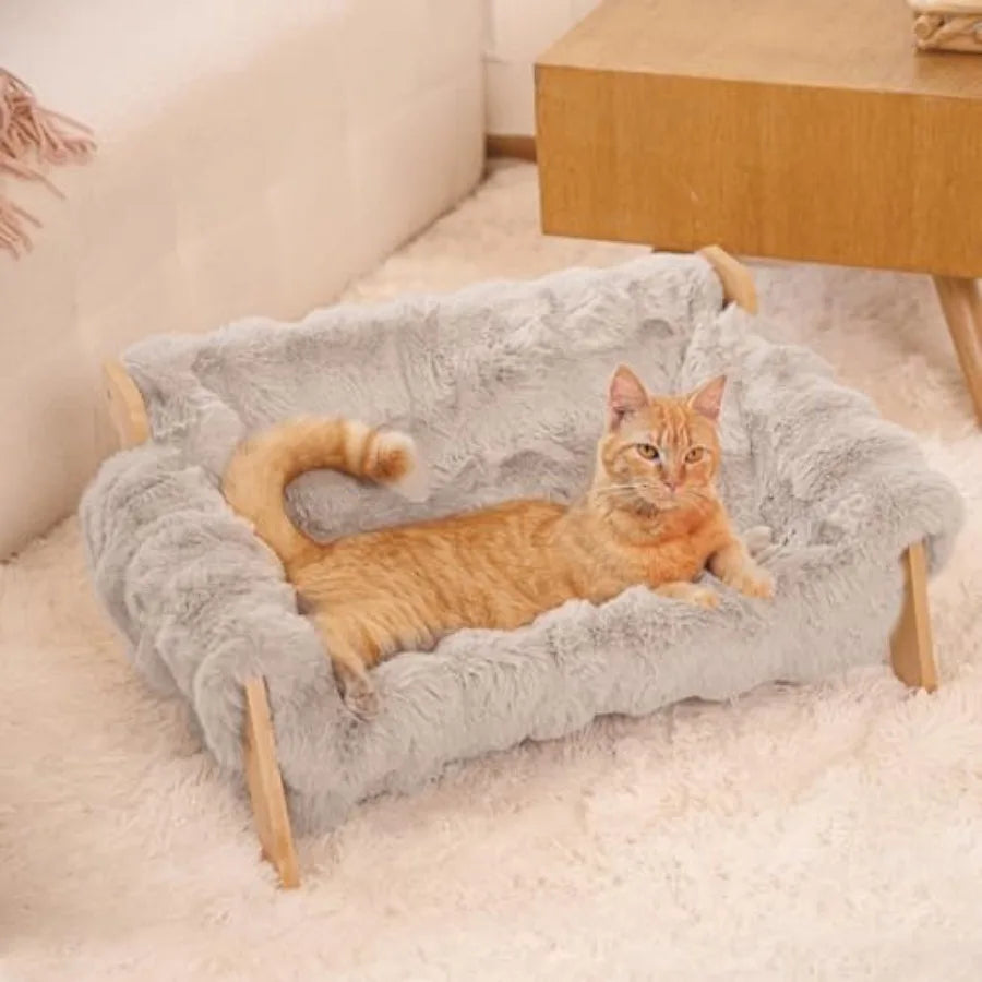 Elevated Wooden Cat Couch Bed with Removable Fluffy Cover