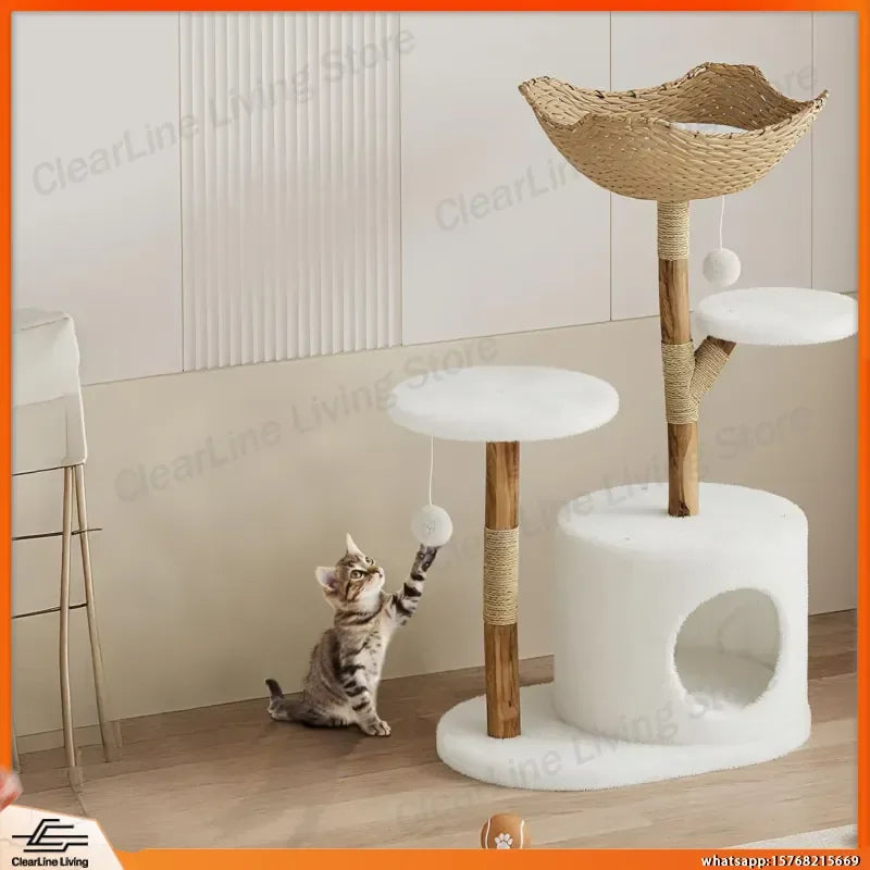 Real Wood Modern Cat Tree Tower with Wicker Condo & Scratching Post