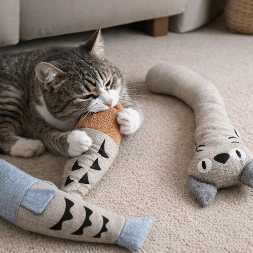 Stuffed Simulation Fish Cat Toy with Bell — Bite-Resistant Soft Squeaky Teasing Stick Fish