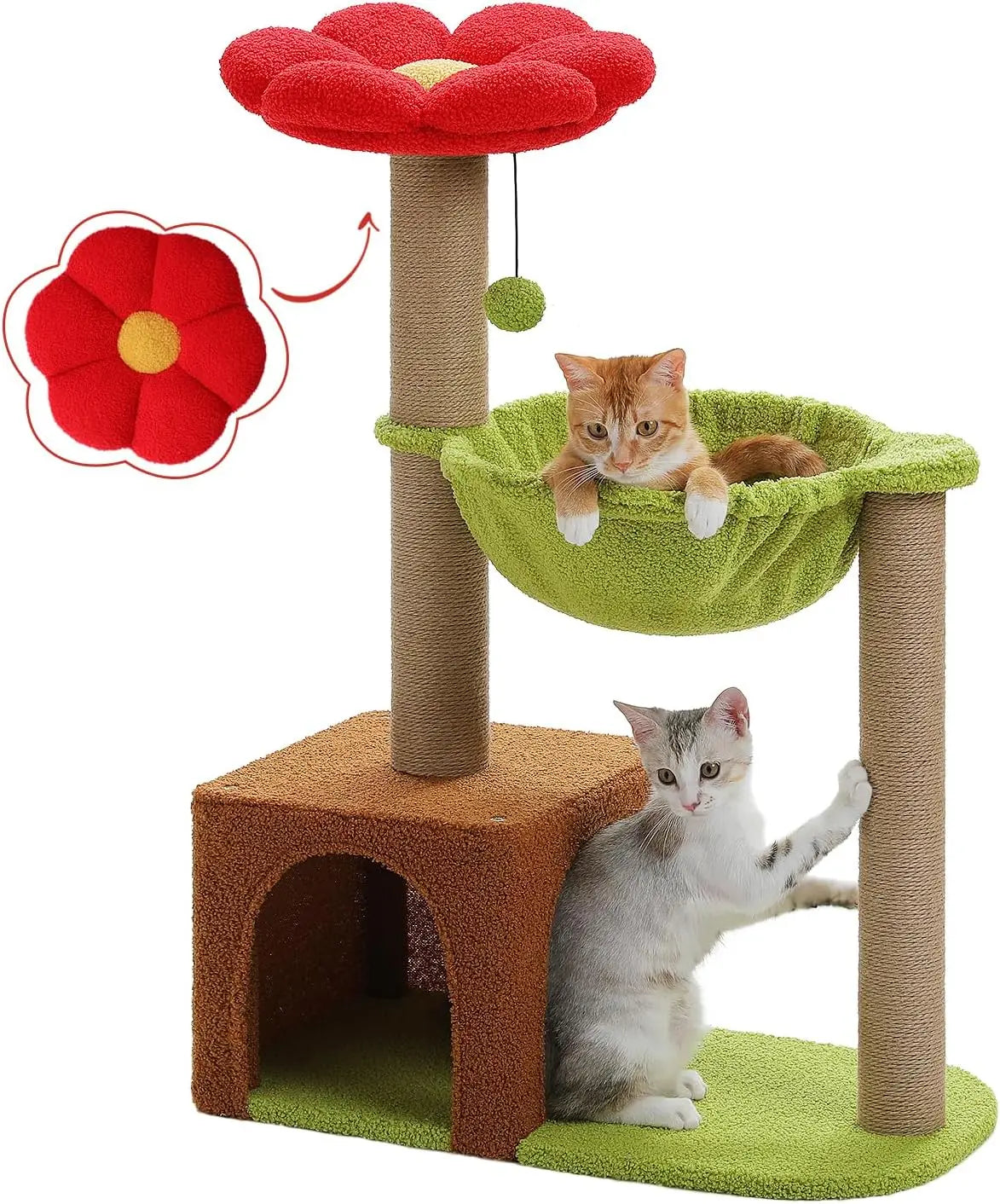 35in Cat Tree with Sisal Posts, Hammock & Flower Bed (Brown)