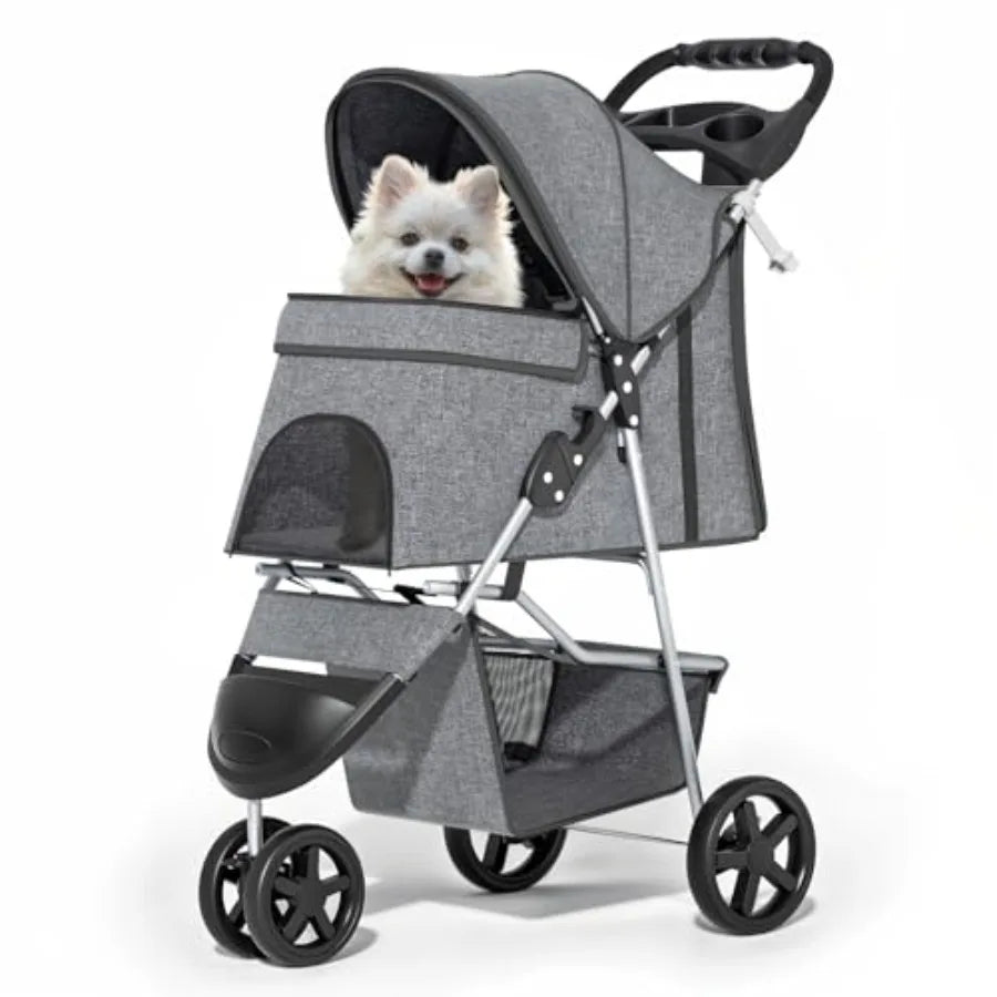 MoNiBloom 3 Wheels Pet Dog Cat Stroller for Small Medium Dogs and Cats, Lightweight Foldable Jogger Stroller w/Storage Basket a