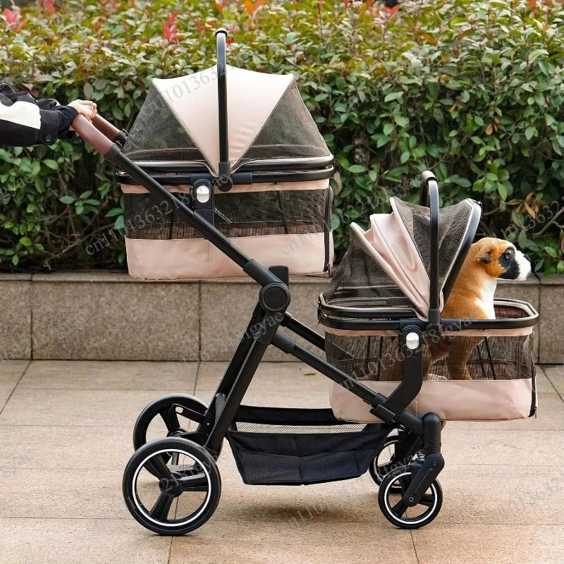 Lightweight Foldable Double Pet Stroller, Detachable Single/Double Carrier for Small & Medium Dogs Cats, Portable for Car Travel