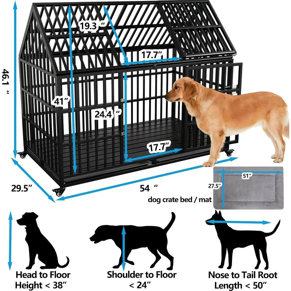 Heavy-Duty XL Dog Crate with Rooftop & Lockable Wheels (54in)