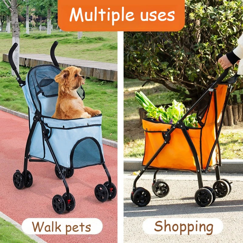 Lightweight Foldable Pet Stroller, Heavy Duty Oxford Fabric Dog Shopping Cart with Storage Basket for Outdoor Walking