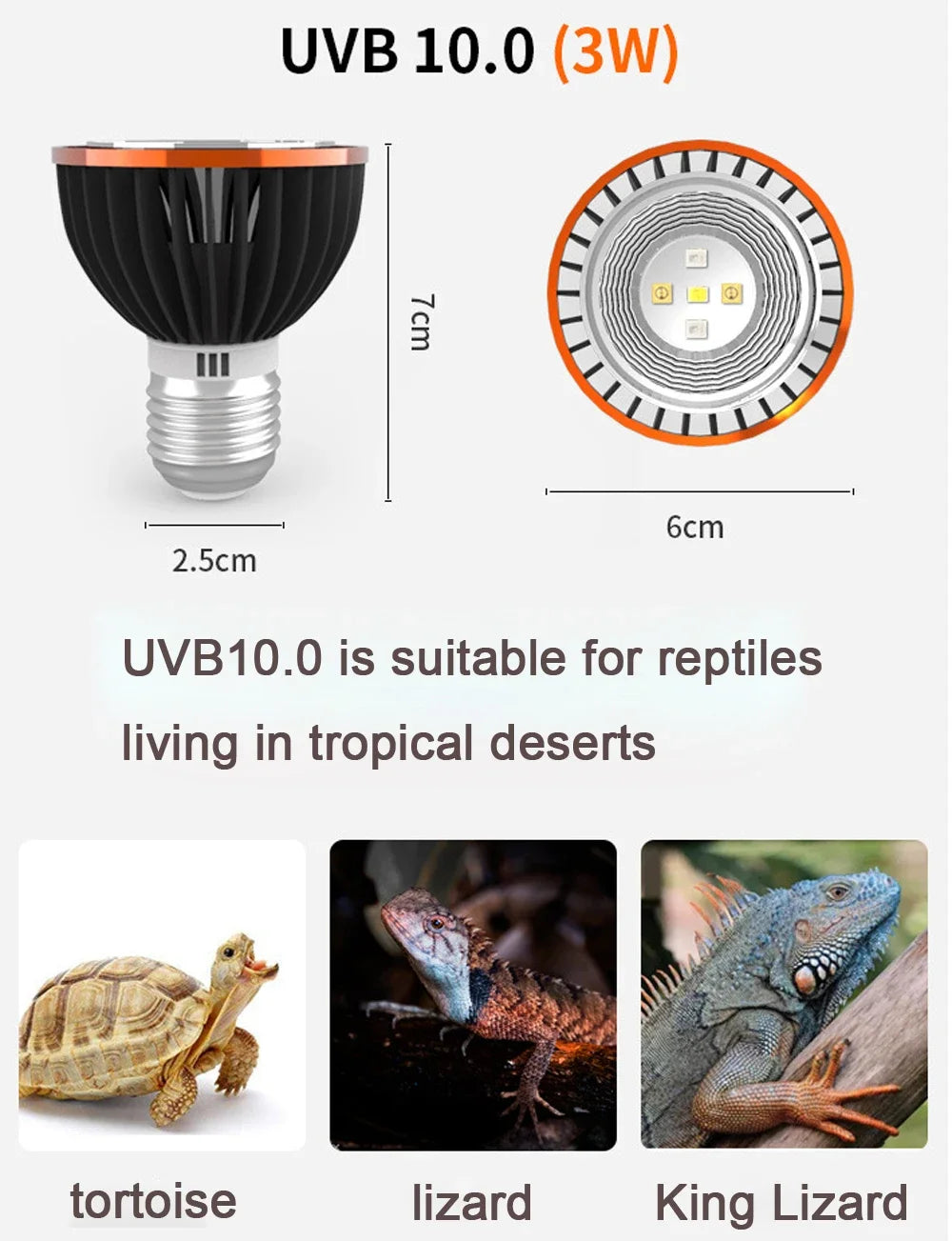 Professional 3W Reptile Lamp UVA UVB5.0 UVB10.0 Lmap LED Bulb Turtle Tortoise Lizard Basking Sunlight UVB Bulb Lighting