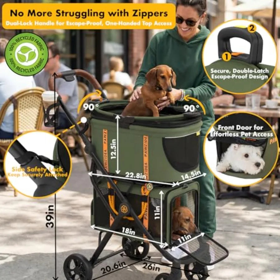 PAWZIDEA Double Pet Stroller with 2 Detachable Carrier, Lightweight Portable Travel Crate Car Seat Combo TSA-Approved Expandabl