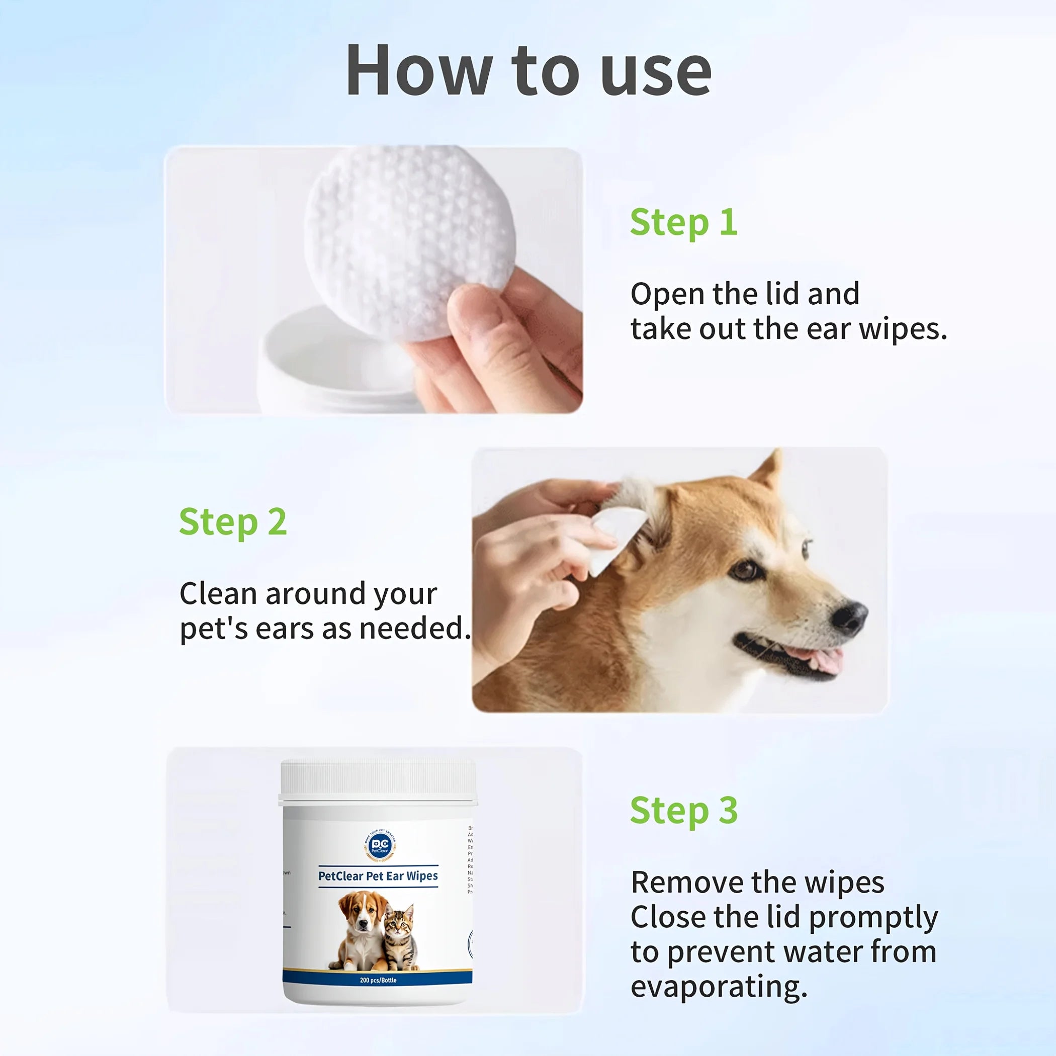 PetClaer 200PCS Natural Pet Ear Wipes, Double-Sided Design for Dogs Cats, Gentle Non-Irritating Ear Cleaning