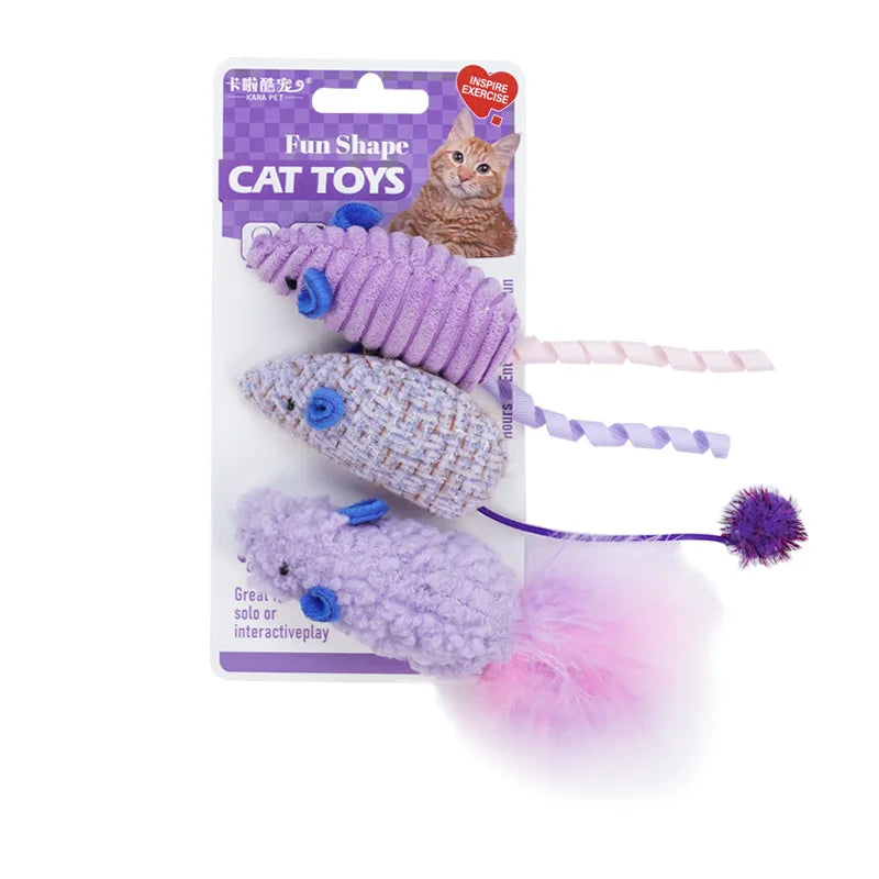 3-Pack Squeaky Catnip Plush Mouse Cat Toys — Colorful Interactive Rattle Mice for Kittens