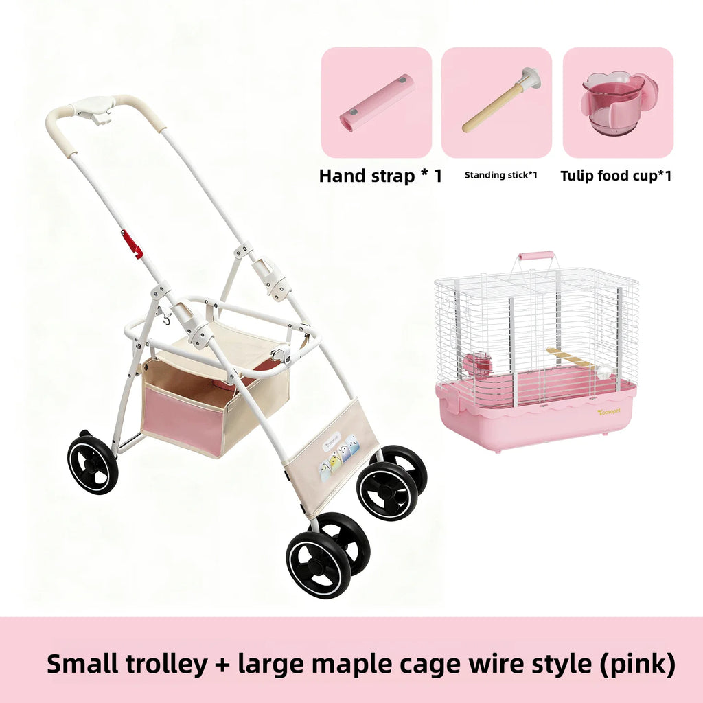 Foldable Lightweight Pet Stroller for Parrots Dogs Cats Outdoor Travel Carrier with Storage Space Portable Pet Transport Cart