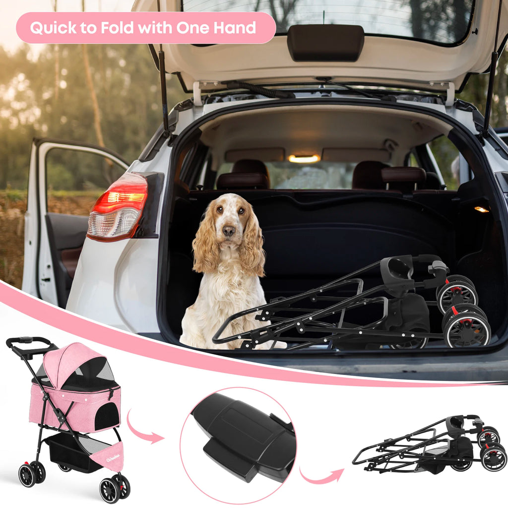 Pet Stroller for Small & Medium Dogs Cats Foldable Stroller with Breathable Mesh Storage Basket  Cup Holders  Travel Pet Carrier