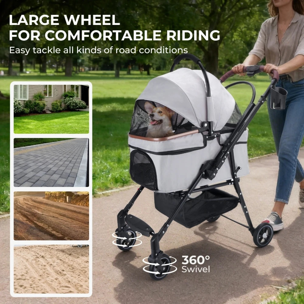 4-Wheel Foldable Pet Stroller for Dogs & Cats with 360° Rotating Wheels, Separable Carrier & Travel Bag for Small Animals