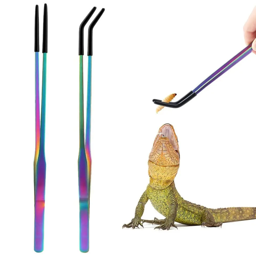 2PCS Stainless Steel Reptile Feeding Tongs with Rubber Tip Terrarium Tank Supplies Straight and Curved Tweezers Accessories