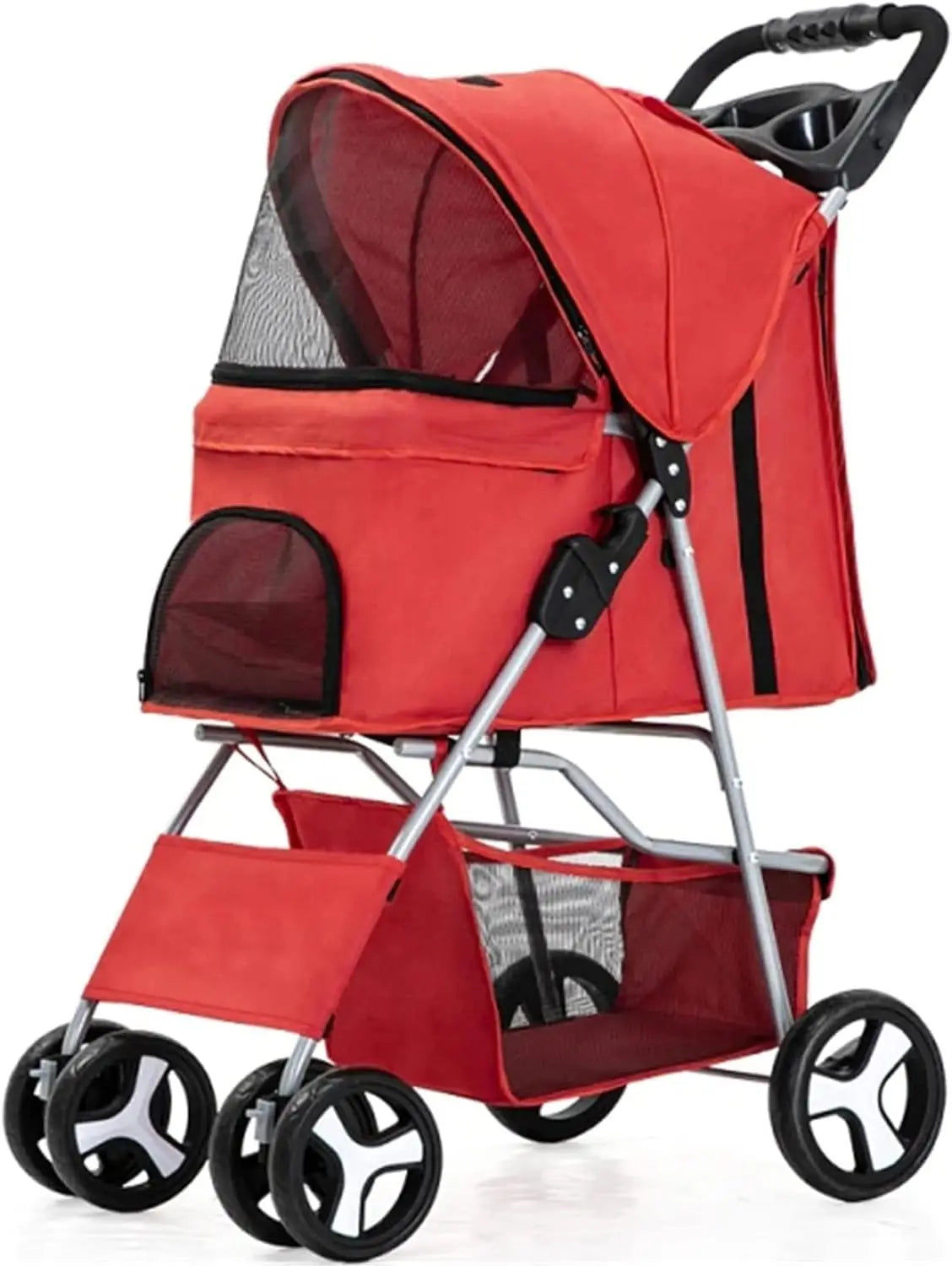 4-Wheel Pet Jogger Stroller with Cup Holder & Storage Basket - Travel Pushchair for Small & Medium Dogs & Cats