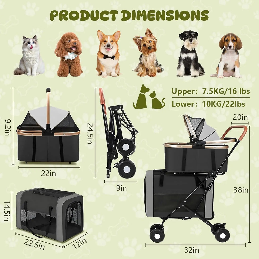 Double Pet Stroller for 2 Dogs & Cats - Foldable Travel Carriage with Detachable Carriers, Safety Belts & 4 Lockable Wheels