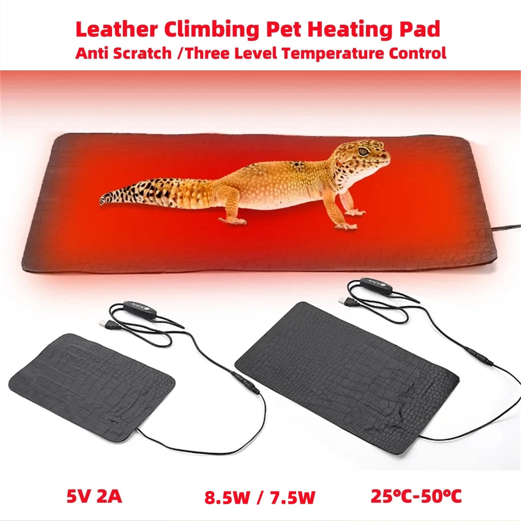 Anti-scratch Leather Pet Heating Pad Reptile Turtle 3 Gear Adjustable Temperature Waterproof USB Charging Pet Heat Mat Grey 1Pc