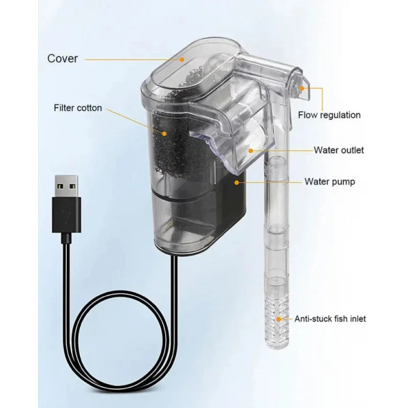 USB Mini Suspended Aquarium Filter (2.5W, 250L/H, For Tanks Under 30cm, Ultra-Quiet)