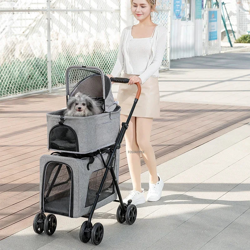 Breathable Large Capacity Double Layer Cat Dog Transporter Luxury Pet Cat Stroller Newborn Pet Stroller Outdoor Travel Vehicle