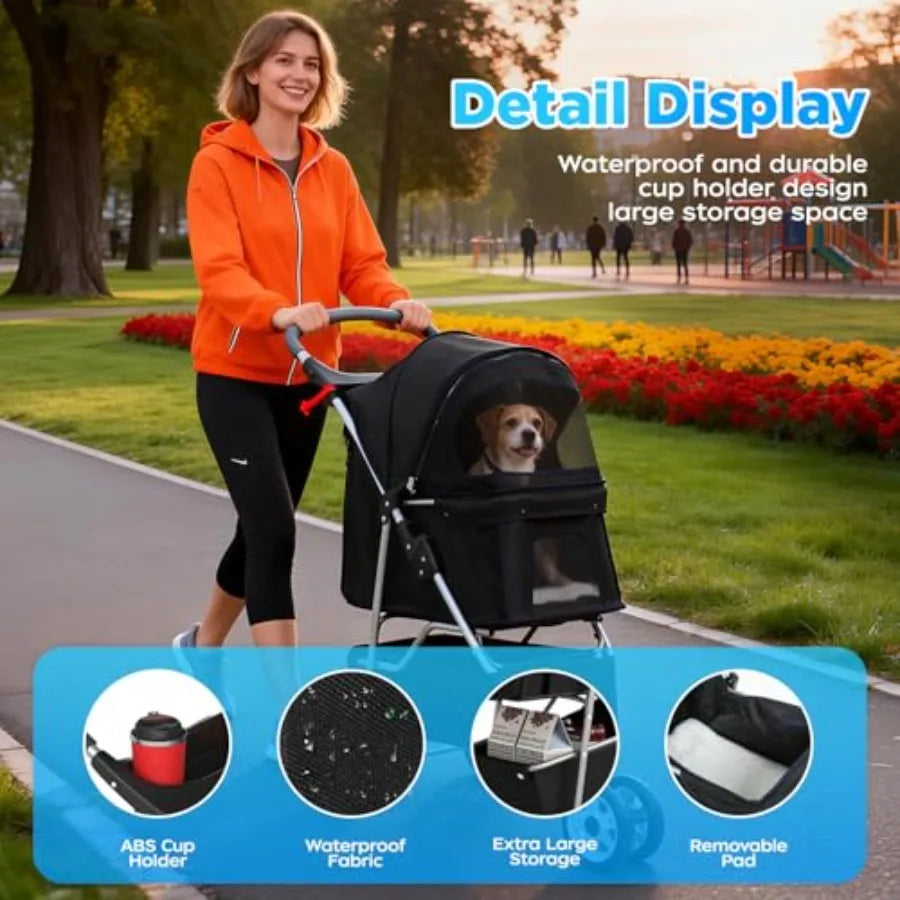 BestOffice Pet Stroller for Small Medium Dogs Cats, 3-Wheel Foldable Dog Stroller with Cup Holder, Lightweight Travel Carrier,
