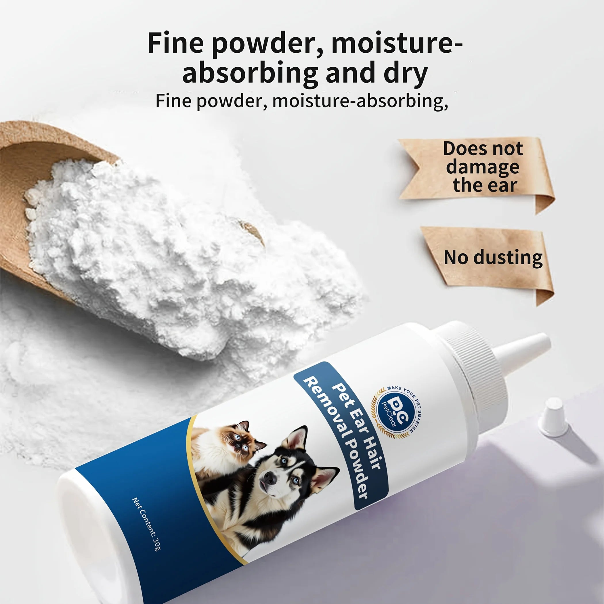 PETCLEAR Cat Dog Ear Powder Painless Ear Hair Removal Powder for Pets Easy to Remove Ear Hair Pets Cleaning Tools 30g