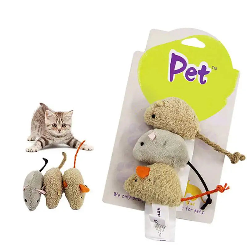 3-Piece Plush Mouse Cat Toy Set — Small Interactive Kitten Crazy Funny Playing & Training Mice