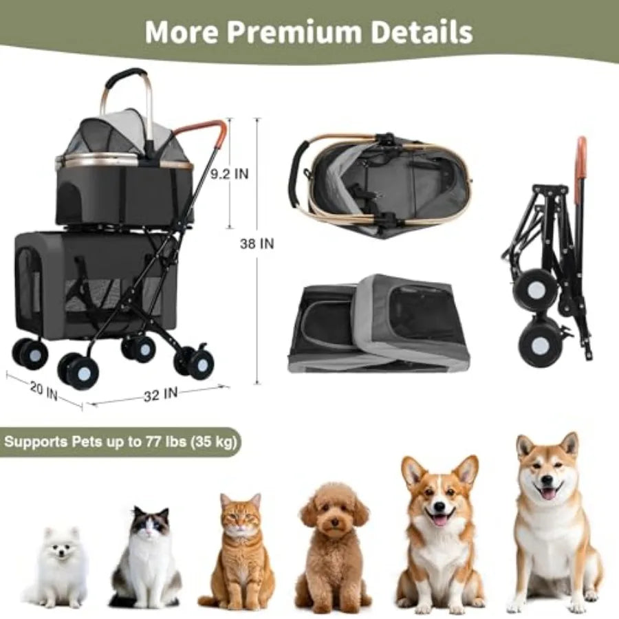 Double Pet Stroller for Dogs and Cats: Dog Stroller Foldable Travel Carriage with Detachable Carriers, Safety Belts, and 4 Lock
