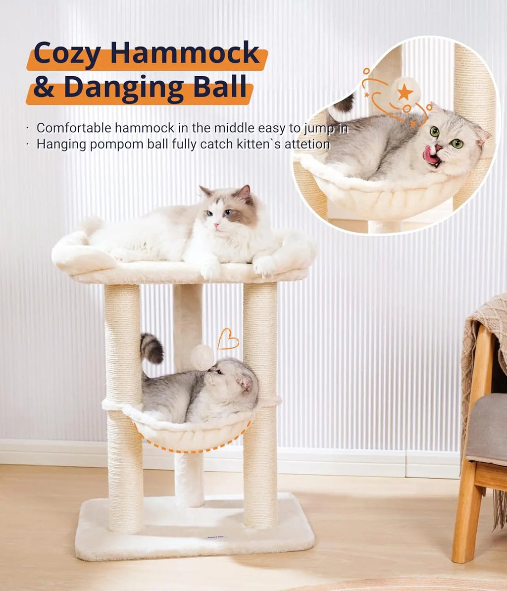 28in Cat Tree with Large Bed, Scratching Post & Hammock (Beige)