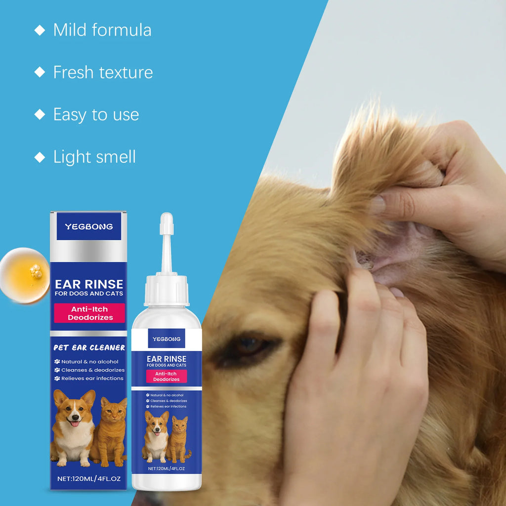 Pet Ear Cleaner For Dogs & Cats, Gentle Ear Care Solution Helps Remove Wax & Odor Cleansing Dirt Soothing Pet Ear Care Sol 120ML