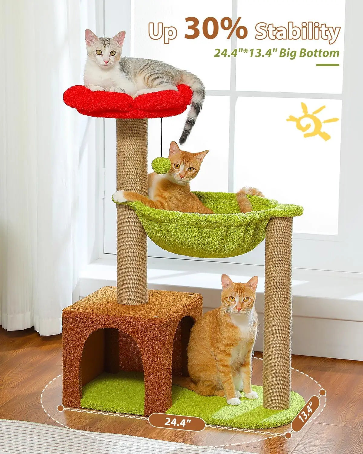 35in Cat Tree with Sisal Posts, Hammock & Flower Bed (Brown)