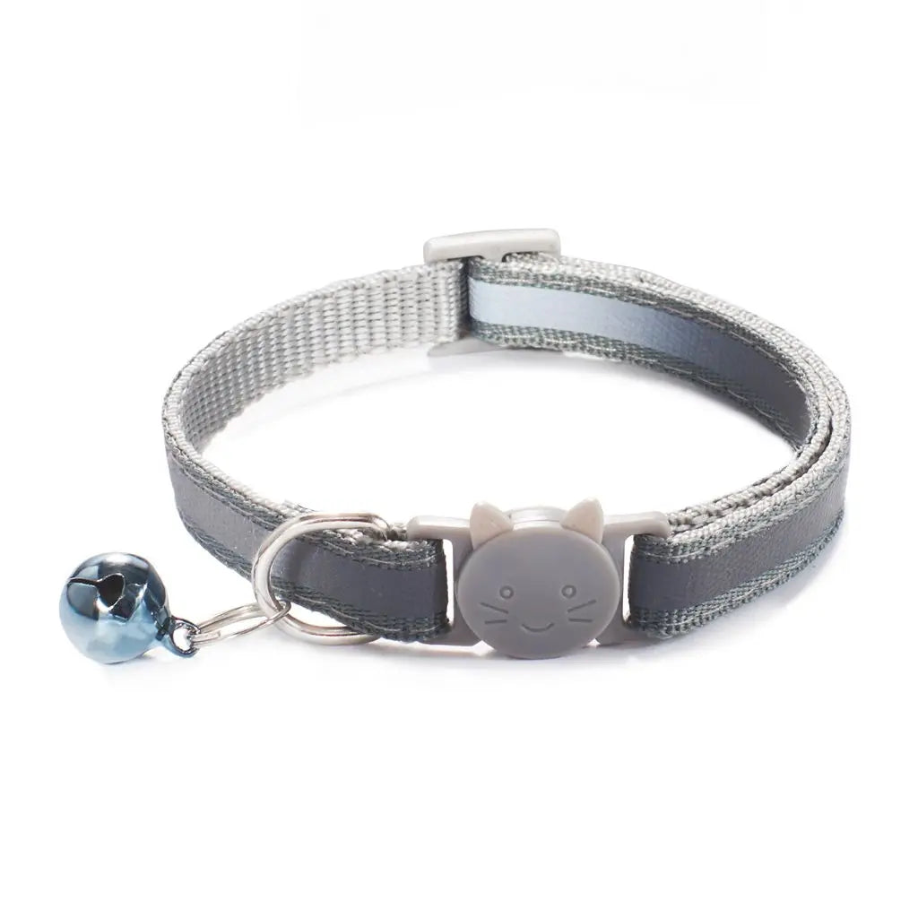 Reflective Cat Head Pattern Cat Collar with Bell — Adjustable Decorative Kitten Neck Strap