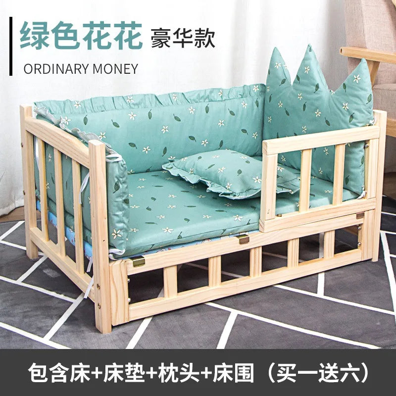 Elevated Solid Wood Pet Bed, All-Season Washable Cover