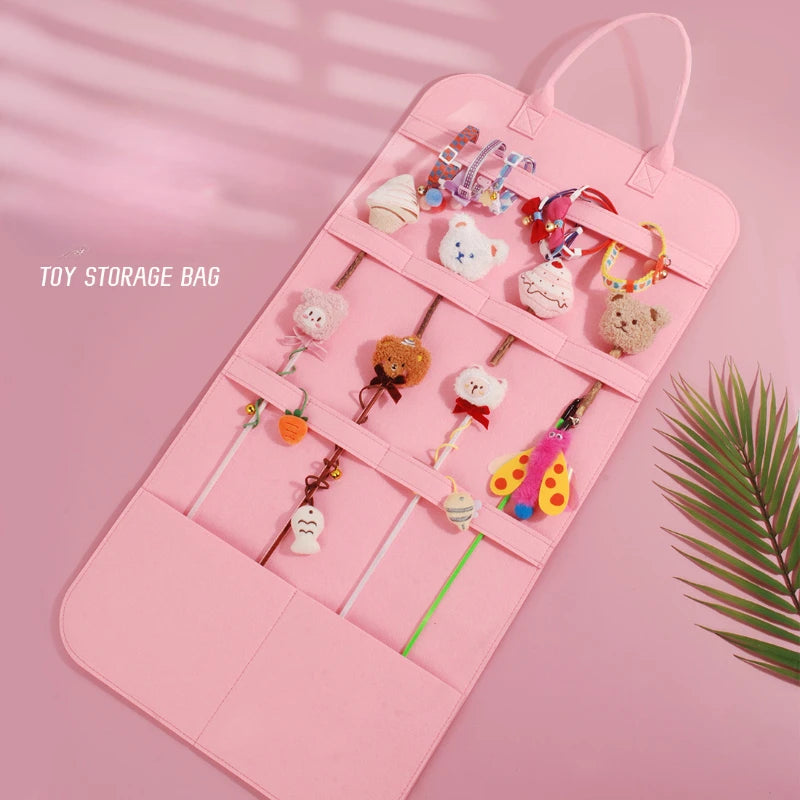 Pet Toy Storage Bag Organizer — Cat Stick, Catnip & Interactive Toy Holder with Grooming Comb Pocket