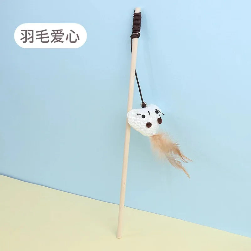 Colorful Feather Rod Cat Wand Toy — Interactive Wood Handle Teaser Stick for Cats