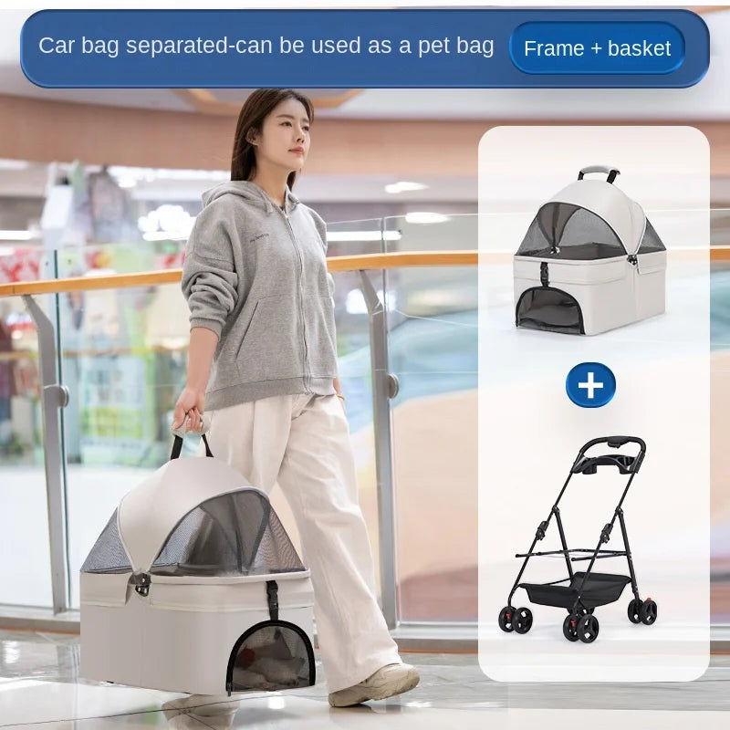 Dual-Side Zippered Doors Ultra-Breathable Mesh Panels One-hand Folding Detachable Pet Carrier Pet Stroller for Dogs and Cats