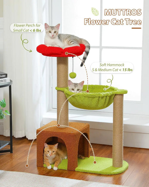35in Cat Tree with Sisal Posts, Hammock & Flower Bed (Brown)