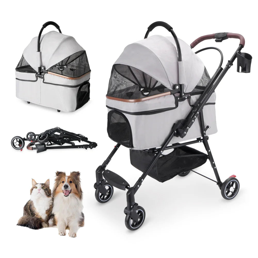 4-Wheel Foldable Pet Stroller for Dogs & Cats with 360° Rotating Wheels, Separable Carrier & Travel Bag for Small Animals