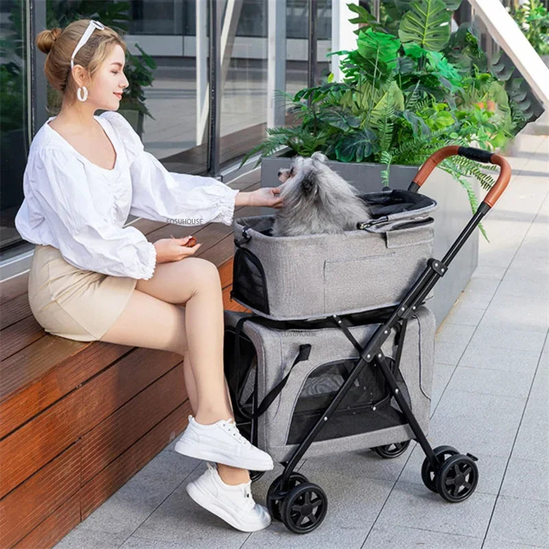 Breathable Large Capacity Double Layer Cat Dog Transporter Luxury Pet Cat Stroller Newborn Pet Stroller Outdoor Travel Vehicle