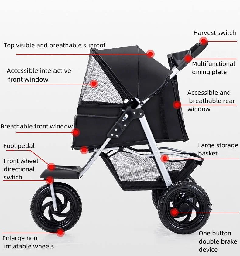 Beyondgoing Adjustable Waterproof Foldable 3-Wheel Pet Stroller For Cats Dogs With Removable Cage Carrier