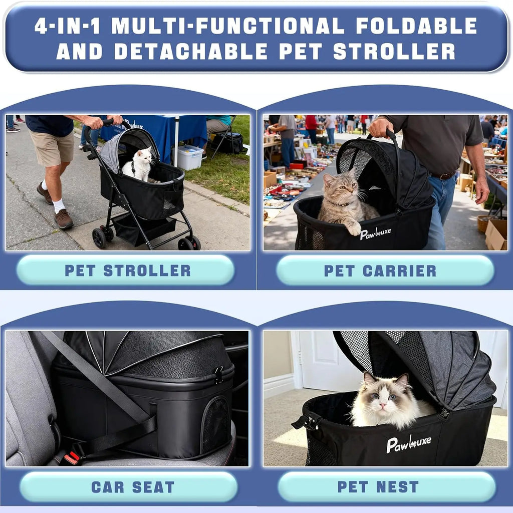 4 Wheels Pet Stroller 4 in 1 Pet Stroller with Detachable Carrier for Small & Medium Dogs Cats up to 55 lbs Easy-Folding Travel
