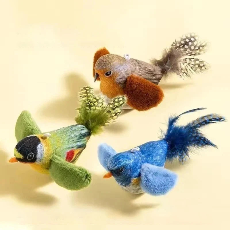 3-Pack Simulation Bird Hanging Cat Toy — Electric Realistic Chirping Sound Catnip Chew Toy
