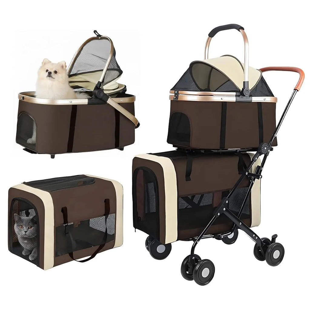 Double Pet Stroller for 2 Dogs & Cats - Foldable Travel Carriage with Detachable Carriers, Safety Belts & 4 Lockable Wheels