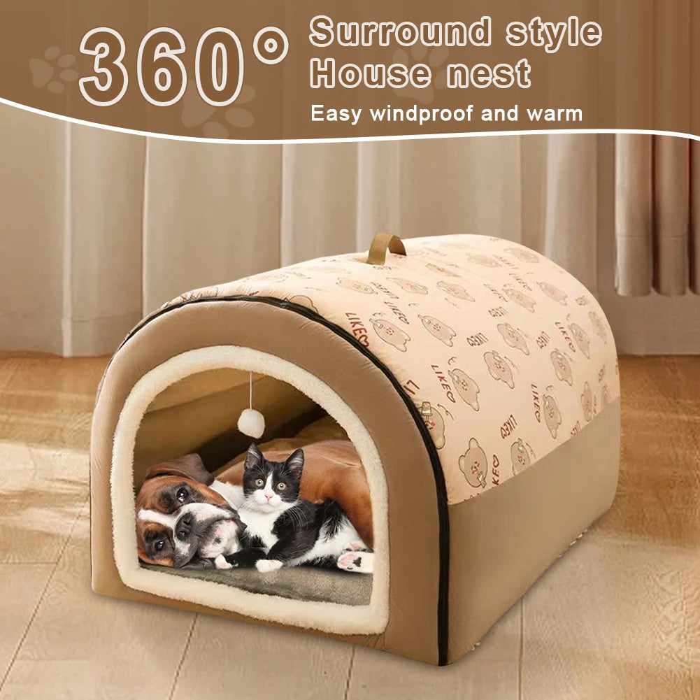Detachable Warm Winter Pet House with Washable Plush Mat — Indoor Dog Kennel & Cat Bed Castle