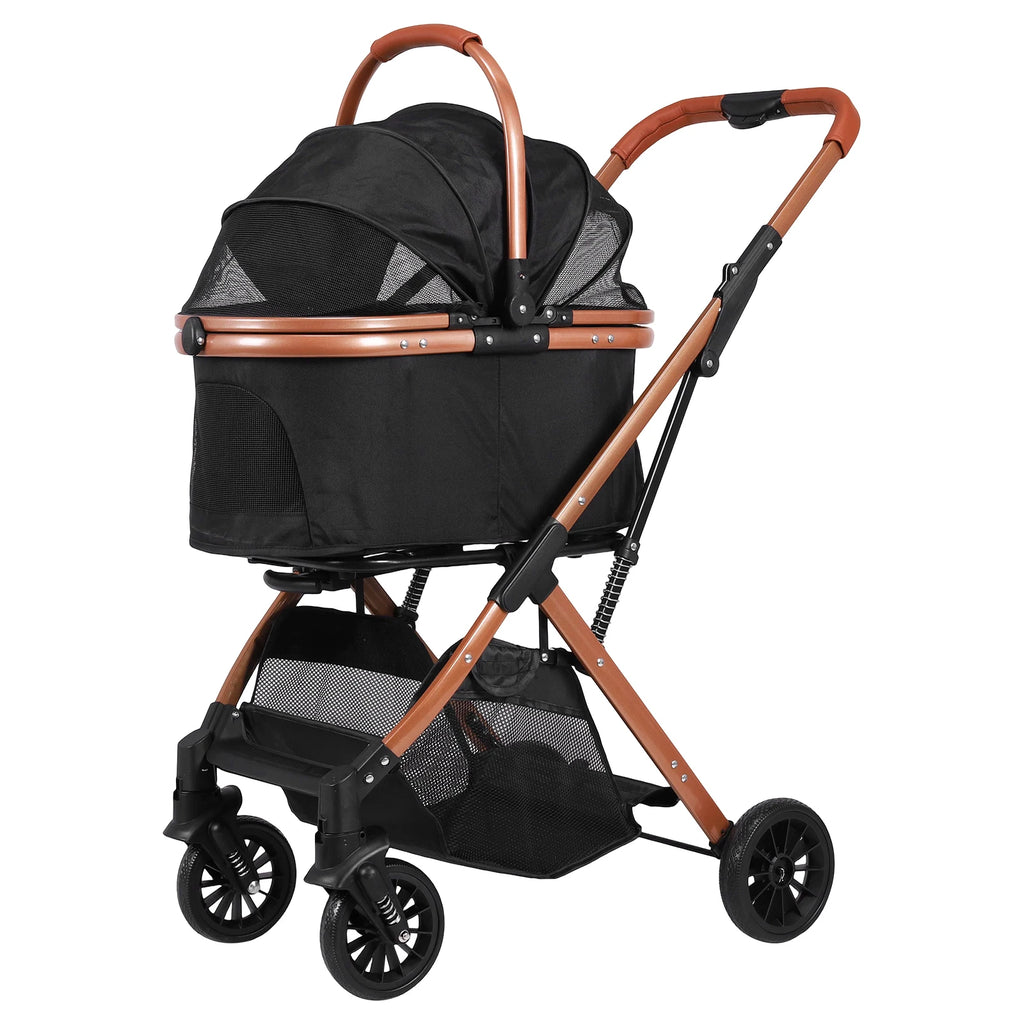 Folding Stroller All Terrain 4 Wheels Puppy Cage Jogger Stroller with Detachable Carrier with Sun Shades for Large & Medium Dogs